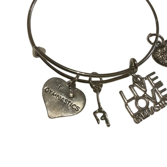 Gymnastics Themed Silver Bangle Charm Bracelet Heart Inspirational Rhinestone OS - Picture 3 of 4